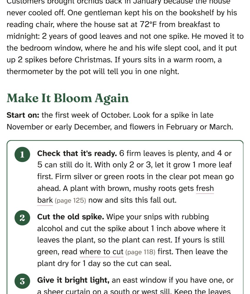 A book page with numbered steps to make a plant bloom again